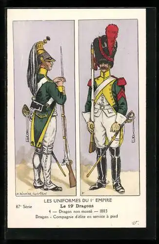 Künstler-AK Les Uniformes du I. Empire, Le 19. Dragons, Dragon non montè 1803