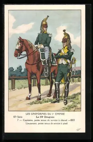 Künstler-AK Les Uniformes du I. Empire, Le 19. Dragons, Capitaine, petite tenue de service à cheval 1803