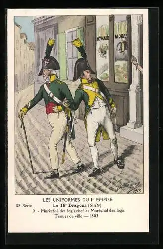 Künstler-AK Les Uniformes du I. Empire, Le 19. Dragons, Maèchal des logis chef et Marèchal des logis 1803