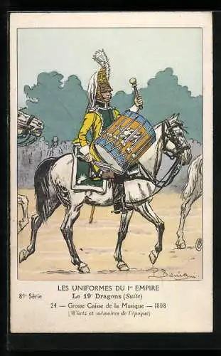 Künstler-AK Les Uniformes du I. Empire, Le 19. Dragons, Grosse Caisse de la Musique 1808