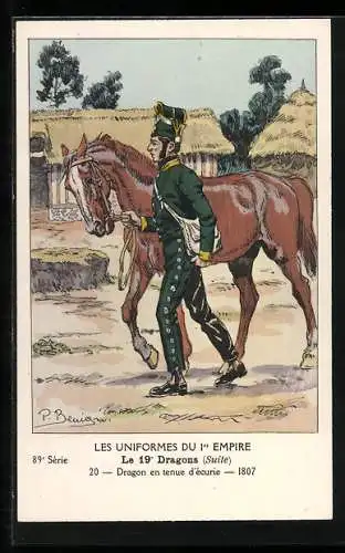 Künstler-AK Les Uniformes du I. Empire, Le 19. Dragons, Dragon en tenue d`ècurie 1807