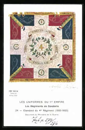 Künstler-AK Les Uniformes du I. Empire, Etendard du 4. Règiment (1800-1803), Document du Ministère de ld Guerre