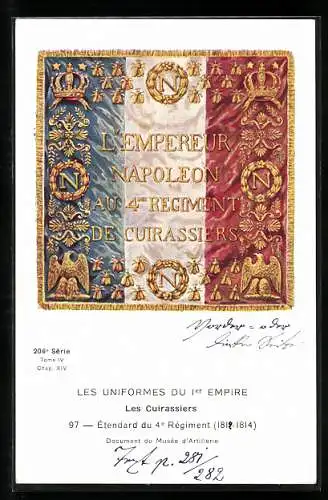 Künstler-AK Les Uniformes du I. Empire, Les Cuirassiers, Ètendard du 4. Règiment (1812-1814), Document d`Artillerie