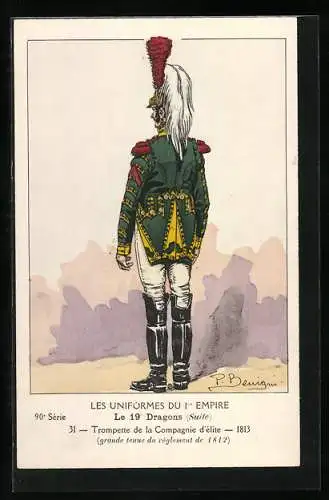 Künstler-AK Les Uniformes du I. Empire, Le 19. Dragons, Trompette de la Companie d`èlite 1813