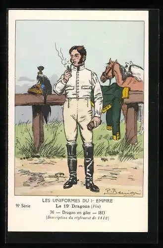 Künstler-AK Les Uniformes du I. Empire, Le 19. Dragons, Dragon en gilet 1813