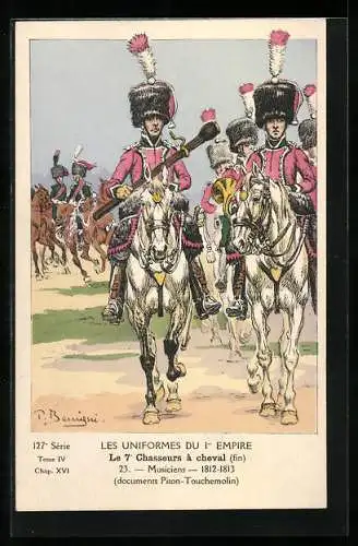 Künstler-AK Les Uniformes du 1. Empire-Le 7. Chasseurs à cheval, Musiciens 1812-1813