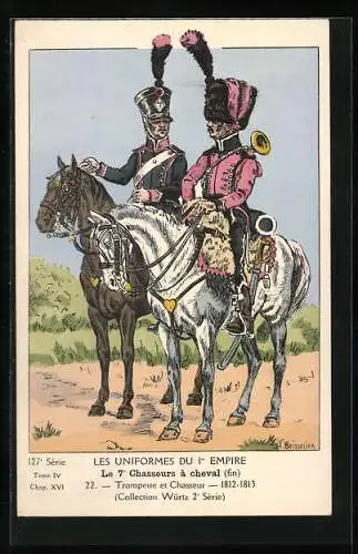 Künstler-AK Les Uniformes du 1. Empire-Le 7. Chasseurs à cheval, Trompette et Chasseur 1812-1813