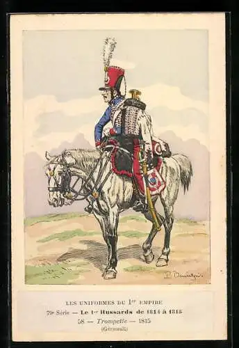 Künstler-AK Les Uniformes du 1. Empire-Le 1. Hussards de 1814 à 1813-Trompette 1815