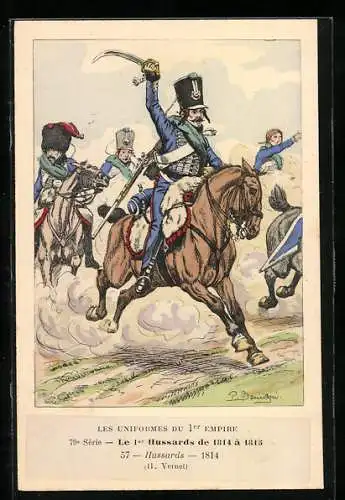 Künstler-AK Les Uniformes du 1. Empire-Le 1. Hussards de 1814 à 1813-Hussards 1814