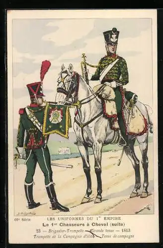 Künstler-AK Les Uniformes du 1. Empire-Le 1. Chasseurs à Cheval, Brigadier-Trompette, Grande tenue 1813