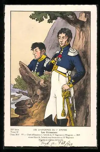 Künstler-AK Les Uniformes du 1. Empire-Les Cuirassiers, Chef d`Escadron 1. Scherb du 11. Règiment à Wagram 1809