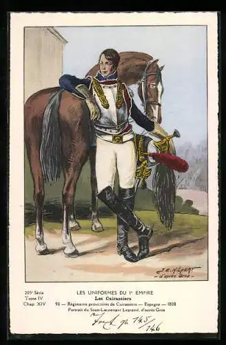 Künstler-AK Les Uniformes du 1. Empire-Les Cuirassiers, Portrait du Sous-Lieutenant egrand, d`après Gros