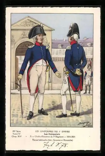 Künstler-AK Les Uniformes du 1. Empire-Les Cuirassiers, Chefs d`Escadron du 3. Règiment 1804-1805