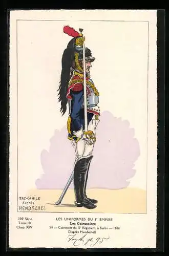 Künstler-AK Les Uniformes du 1. Empire-Les Cuirassiers, Cuirassier du 12. Règiment à Berlin 1806