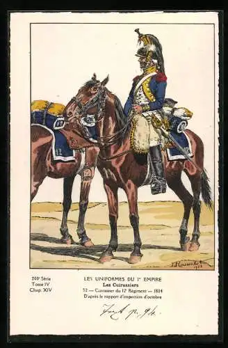 Künstler-AK Les Uniformes du 1. Empire-Les Cuirassiers, Cuirassier du 12. Règiment 1804