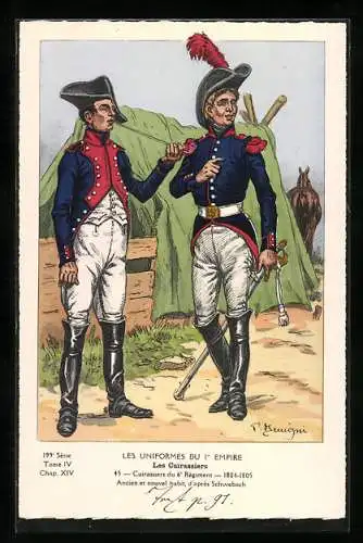 Künstler-AK Les Uniformes du 1. Empire-Les Cuirassiers, Cuirassier du 6. Règiment 1804-1805