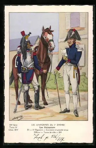 Künstler-AK Les Uniformes du 1. Empire-Les Cuirassiers, 14. Règiment-Cuirassier en grande tenue-Officier 1811