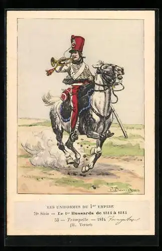 Künstler-AK Les Uniformes du 1. Empire-Le 1. Hussards de 1814 à 1813-Trompette 1814