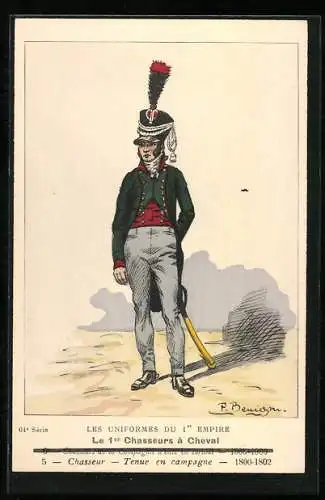 Künstler-AK Les Uniformes du 1. Empire-Le 1. Chasseurs à Cheval, Chasseur-Tenue en campagne 1800-1802