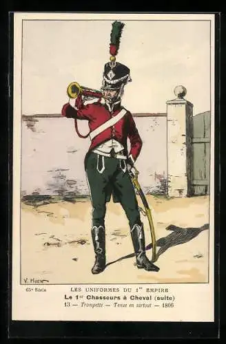 Künstler-AK Les Uniformes du 1. Empire-Le 1. Chasseurs à Cheval, Trompette-Tenue en surtout 1806