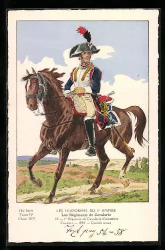 Künstler-AK Les Uniformes du 1. Empire-1.Règiment de Cavalerie-Cuirassiers Cavalier-1802-Grande tenue