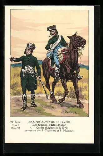 Künstler-AK Les Uniformes du 1. Empire-Les Guides d`Etat-Major, Guides (Règlem. de 1792) provenant des 2.Chasseurs