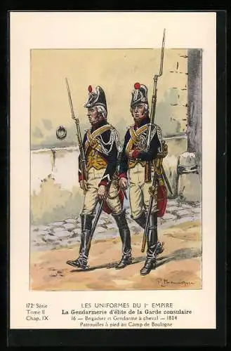 Künstler-AK Les Uniformes du 1. Empire-La Gendarmerie d`èlite de la Garde consulaire-Brigadier et Gendarme à cheval 1804