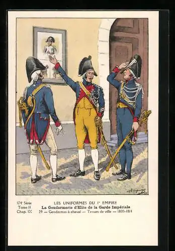 Künstler-AK Les Uniformes du 1. Empire-La Gendarmerie d`èlite de la Garde Impèriale-Gendarmes à cheval 1805-1814