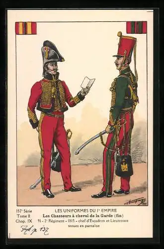 Künstler-AK Les Uniformes du 1. Empire-Les Chasseurs à cheval de la Garde, 2. Règim. 1815, chef d`Escadron et Lieutenant