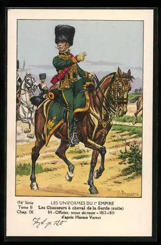 Künstler-AK Les Uniformes du 1. Empire-Les Chasseurs à cheval de la Garde, Officier, tenue de route 1812-1814