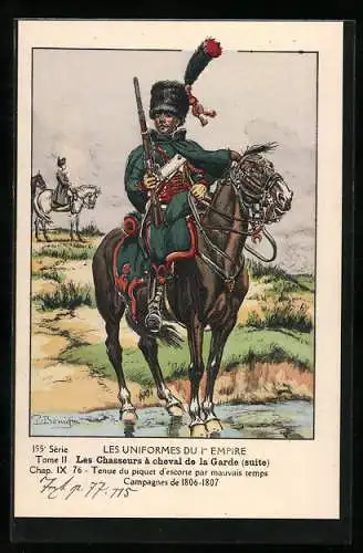 Künstler-AK Les Uniformes du 1. Empire-Les Chasseurs à cheval de la Garde, Tenue du piquet d`escorde par mauvais temps