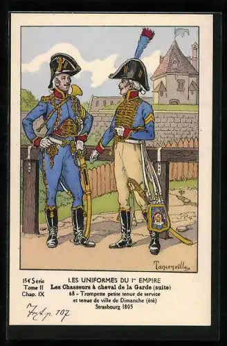 Künstler-AK Les Uniformes du 1. Empire-Les Chasseurs à cheval de la Garde, Trompette petite tenue de service, Strasbourg