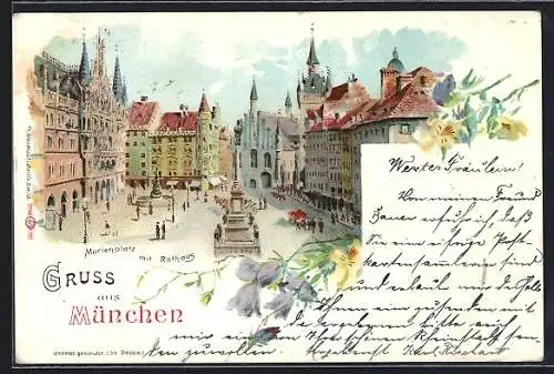 Lithographie München, Marienplatz mit Rathhaus, Denkmal, Brunnen