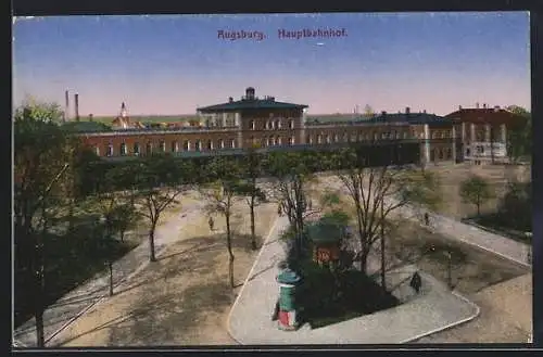 AK Augsburg, Partie am Hauptbahnhof mit Litfasssäule