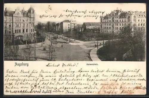 AK Augsburg, Kaiserplatz und Strassenpartie mit Strassenbahn