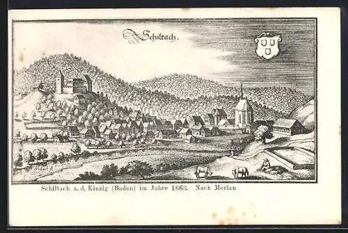 Künstler-AK Schiltach a. d. Kinzig, Teilansicht mit Kirche im Jahre 1663 nach Merian