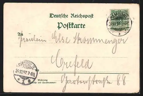 Lithographie Hamburg, Rathaus Brunnen, Bachus, Senator