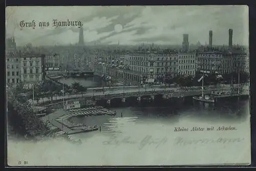 Mondschein-AK Hamburg, Kleine Alster mit Arkaden