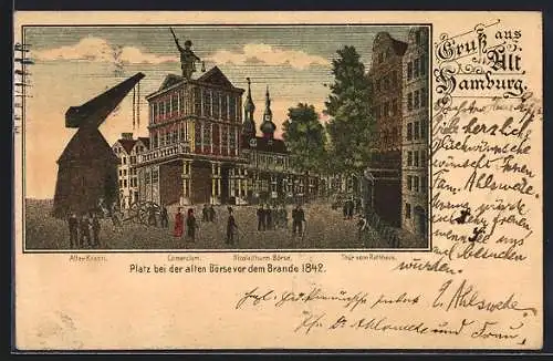 Lithographie Hamburg, Platz bei der alten Börse vor dem Brande 1842