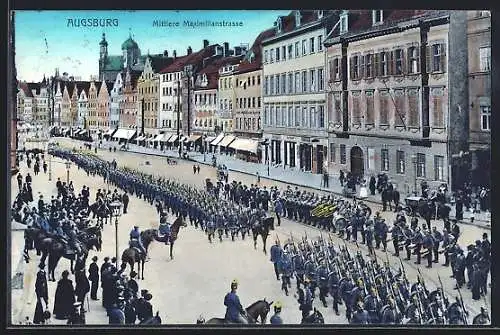 AK Augsburg, Militärparade in der Maximilianstrasse