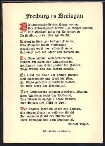 AK Freiburg im Breisgau, Die tanngeschmückten Berge wogen..., Rudolf Hügle