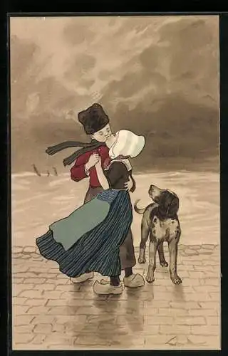 AK Holländischer Junge küsst sein Mädchen, Hund schaut zu
