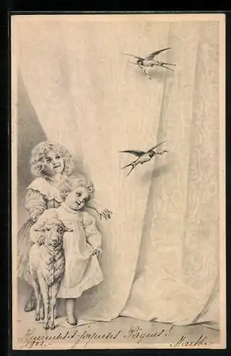 Künstler-AK M. Munk Nr. 138: Zwei Kinder mit Lamm und Schwalben