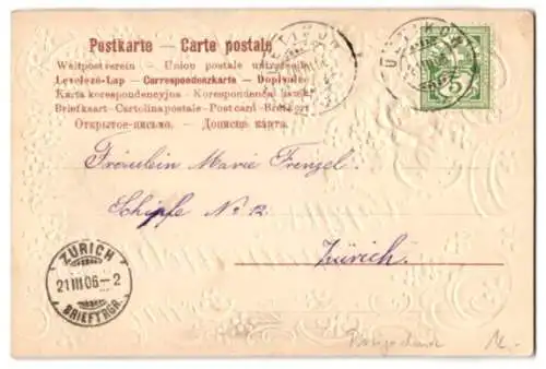 Stoff-Präge-AK Vergiss mein nicht!, Rosen, Vergissmeinnicht, Ornamente