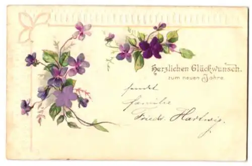 Stoff-Präge-AK Violette Blumen, Ornament-Rahmen, Neujahrsgruss