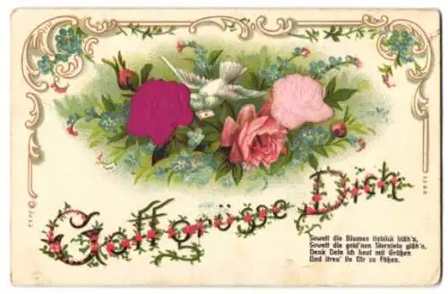 Stoff-Präge-AK Brieftaube inmitten von Rosen aus echtem Stoff