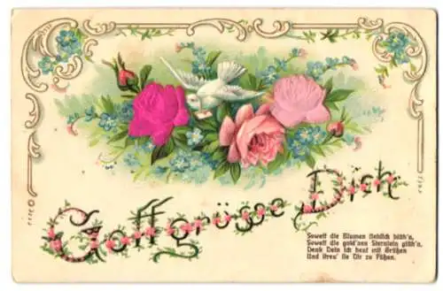 Stoff-Präge-AK Gott grüsse Dich, Brieftaube mit Rosen, Vergissmeinnicht, Ornament