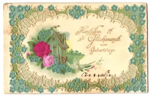Stoff-Präge-AK Haus mit Rosen, Vergissmeinnicht, Ornamentrahmen, Geburtstagsgruss