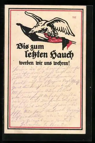 AK Bis zum letzten Hauch..., Adler mit Fahne, Spruch