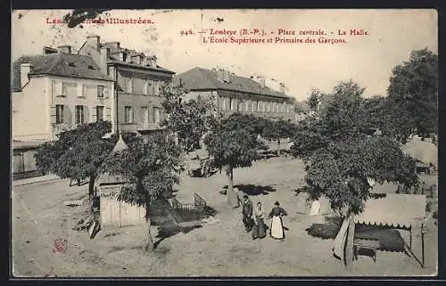 AK Lembeye /B.-P., Place centrale, La Halle, L`École Supérieure et Promaire des Garcons